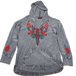 Avani Del Amour Embroidered Pullover‎ Hoodie Floral Gray Womens L Cozy